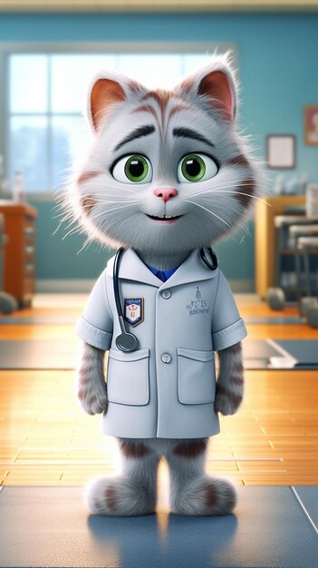 Photo cartoon cat dressed in a doctors coat standing on a floor generative ai