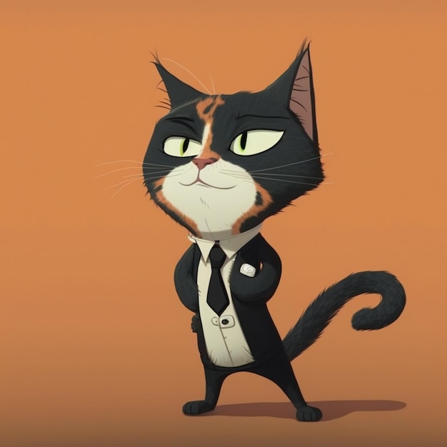 cartoon cat dressed in a suit and tie standing in front of an orange background generative ai