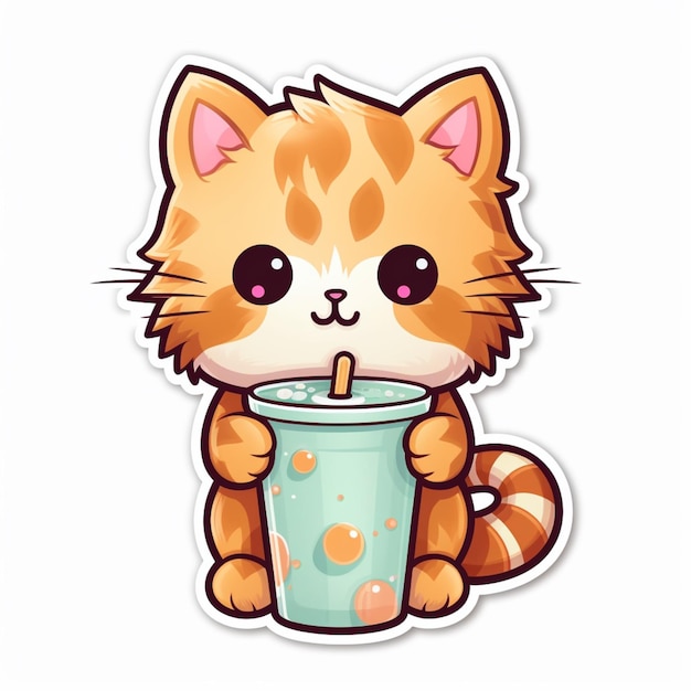 Cartoon cat drinking a drink with a straw in its mouth generative ai