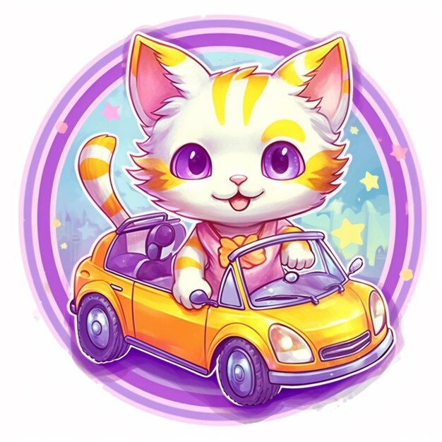 Cartoon cat driving a car with a star in the background generative ai