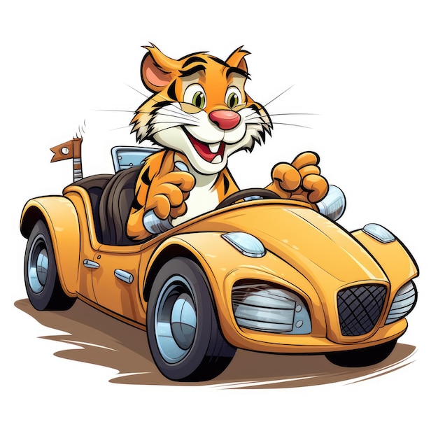 a cartoon cat driving a yellow car with a cat on the back.