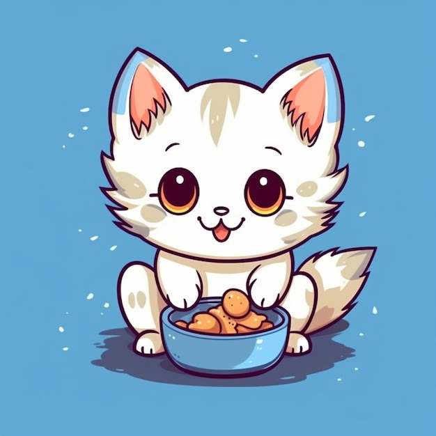 Cartoon cat eating food from a bowl with a blue background generative ai