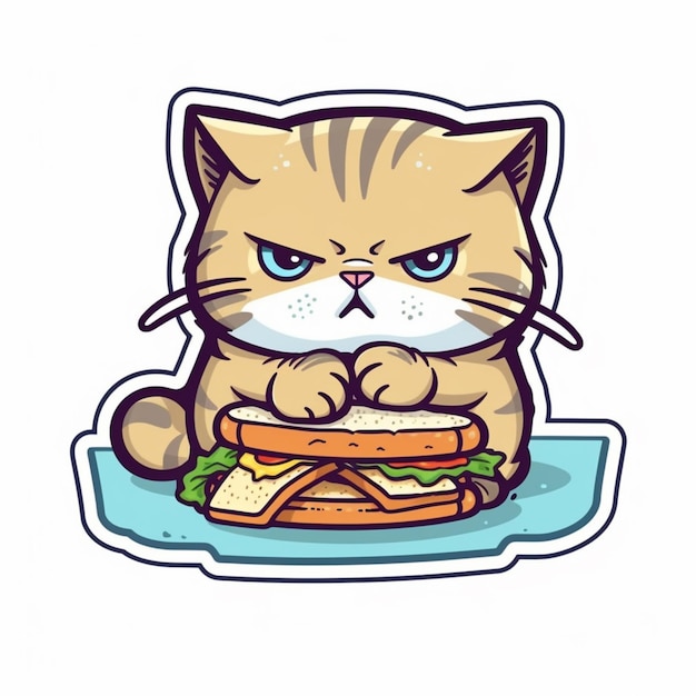 Photo cartoon cat eating a sandwich on a plate with a fork generative ai