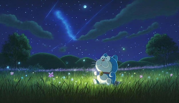 A cartoon of a cat in a field with a starry sky and a starry sky