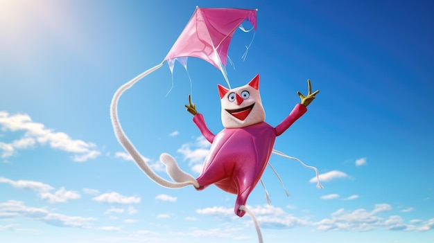 Foto un gatto cartone animato che fa volare un aquilone con un aquilone rosa nel cielo.