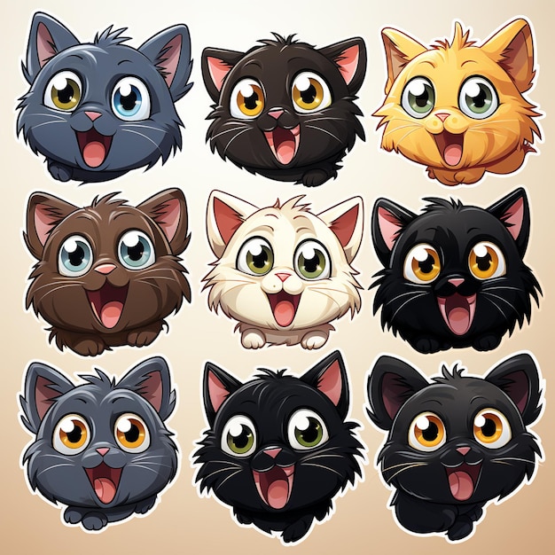 Photo cartoon cat heads with different expressions generative ai