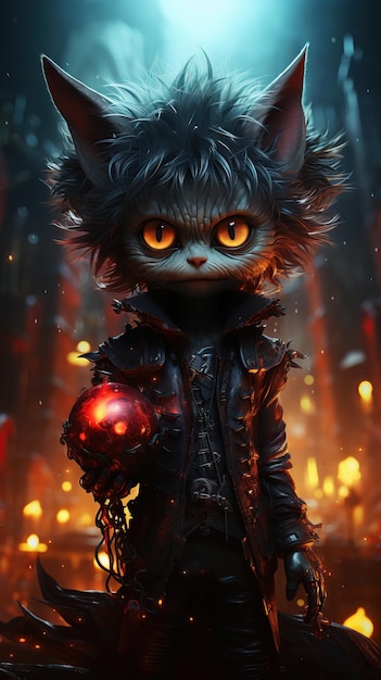 A cartoon cat holding a red ball