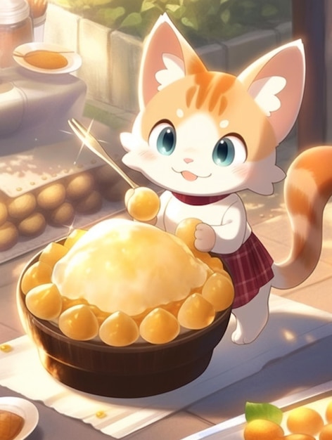 A cartoon cat is cooking a bowl of food.