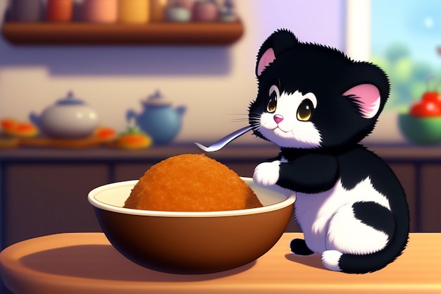 A cartoon cat is eating a bowl of food.