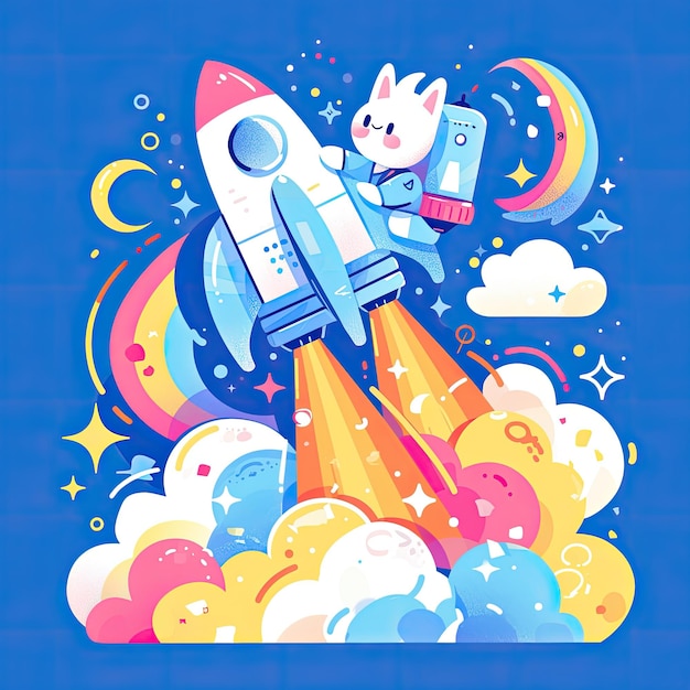 Photo a cartoon cat is flying in a space with a rocket on it