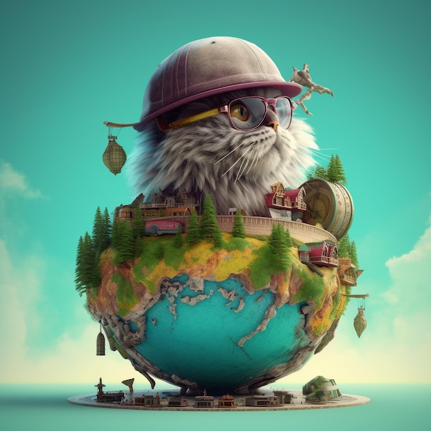 a cartoon cat is looking at a globe with a plane flying above it.