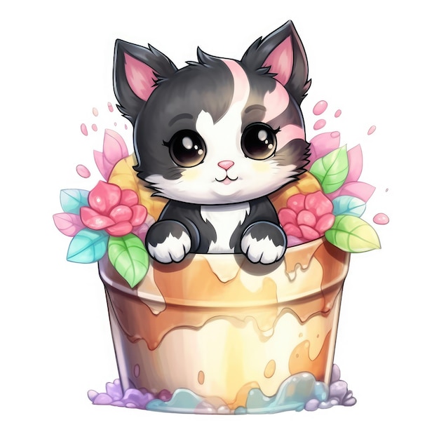 A cartoon cat is sitting in a cake with flowers