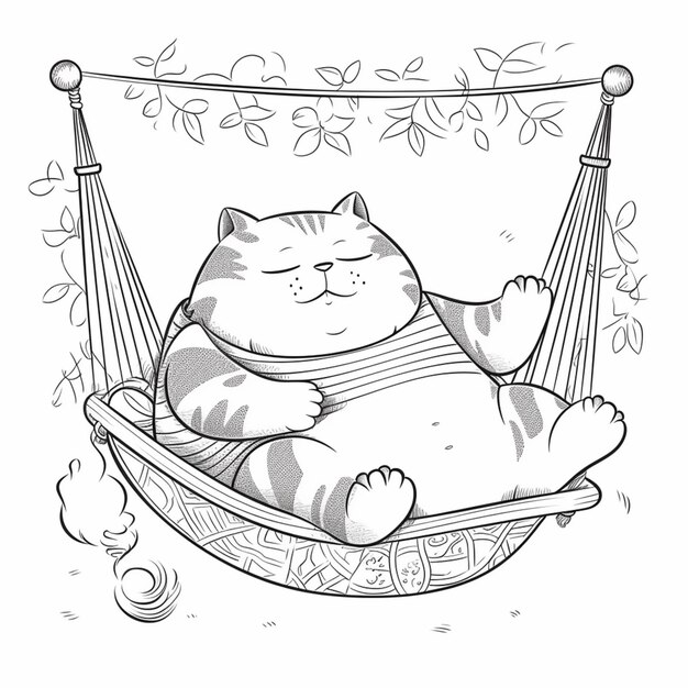 A cartoon cat is sleeping in a hammock with a cat toy generative ai