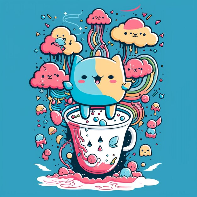 Photo a cartoon cat is standing in a cup with a colorful background.