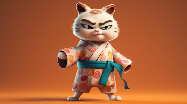 Un gatto dei cartoni animati in kimono con fiocco rosa sul davanti.