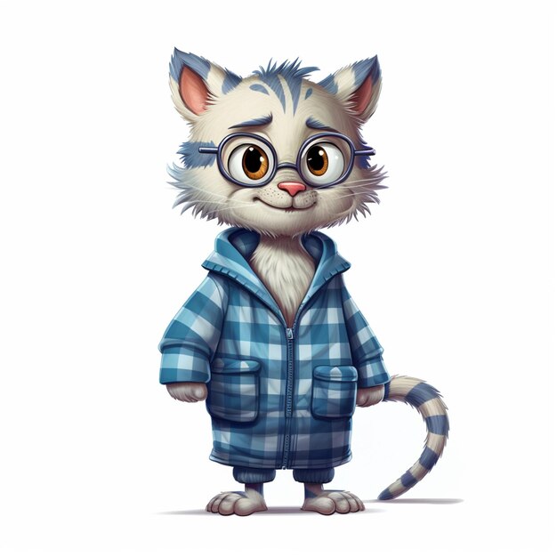 cartoon cat in pajamas and glasses standing in front of a white background generative ai