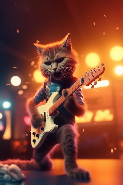 A cartoon cat playing a guitar in front of a neon sign that says'cat '