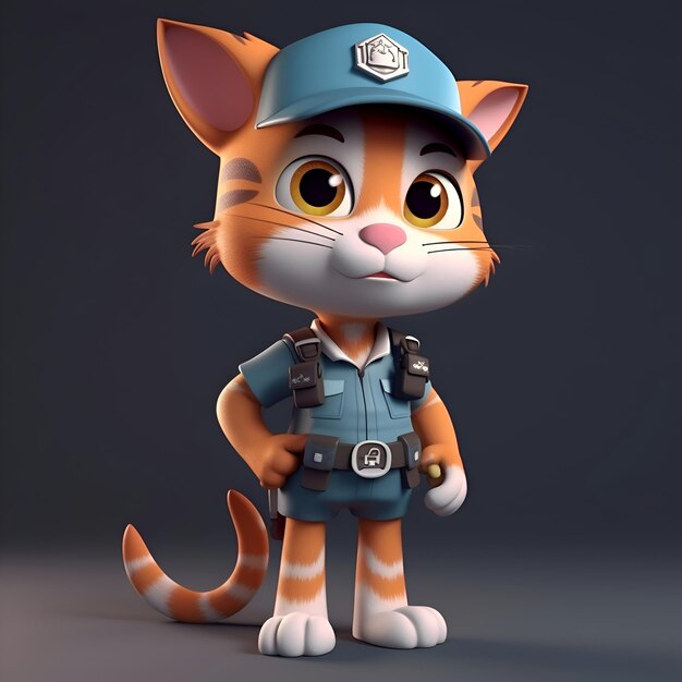 Cartoon cat police with blue cap and blue uniform 3D Illustration