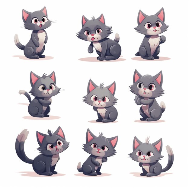 Photo cartoon cat poses with different expressions and expressions generative ai