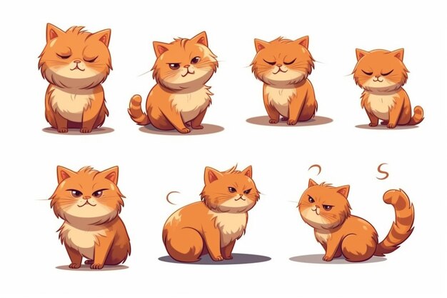 Photo cartoon cat poses with different expressions generative ai