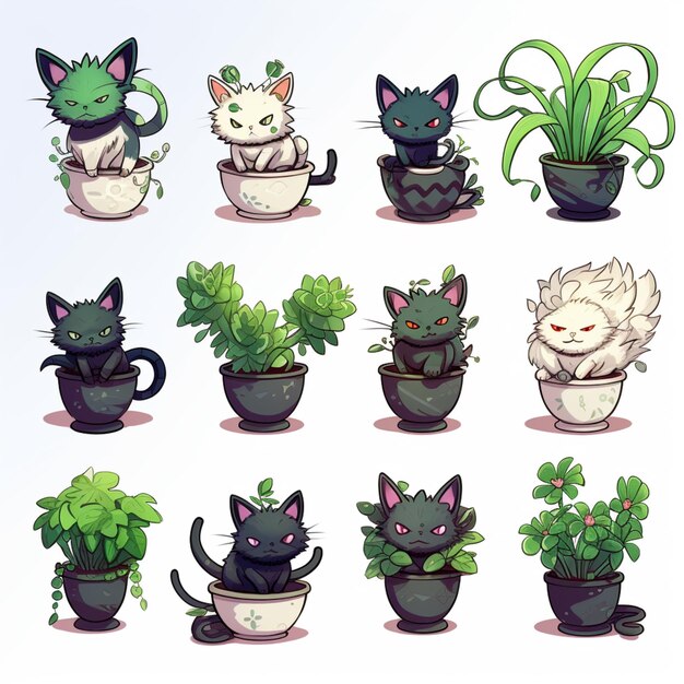 Photo cartoon cat in a pot with plants and other plants generative ai