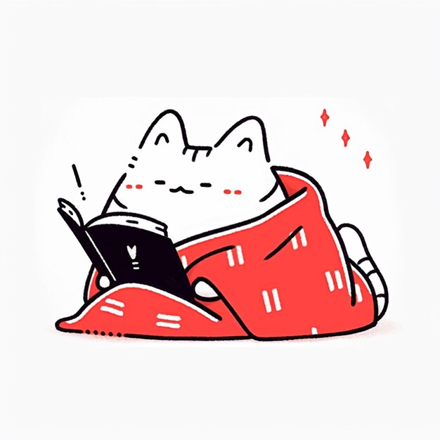 Photo cartoon cat reading a book while laying on a pillow generative ai