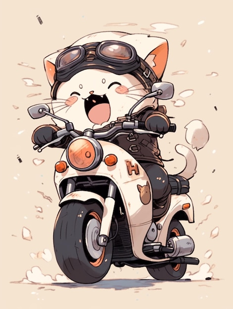 Фото Мультфильм кошка едет на мотоцикле с шлемом и защитными очками