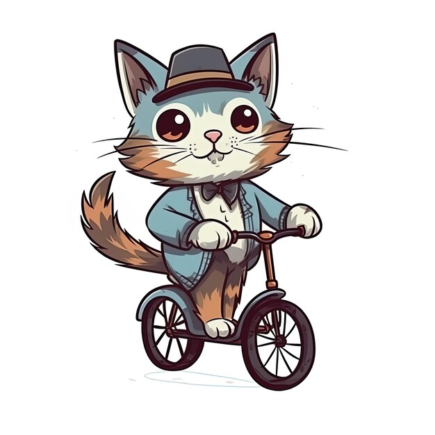 a cartoon cat riding a bike with a hat on.