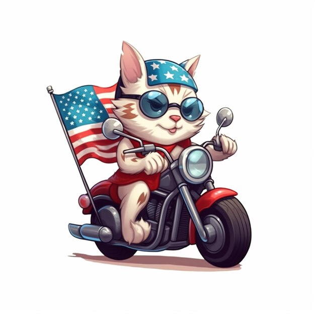 cartoon cat riding a motorcycle with a flag on the back generative ai