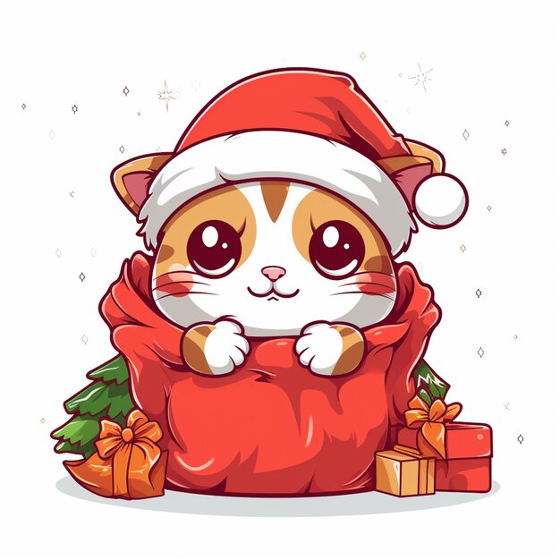 Photo cartoon cat in a santa hat sitting in a sack with presents generative ai