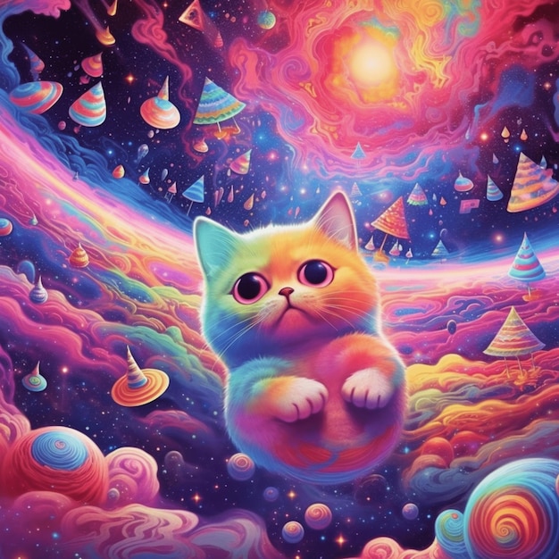 A cartoon cat sits in a space with a colorful background.
