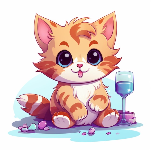 Photo cartoon cat sitting with a glass of wine and rocks generative ai