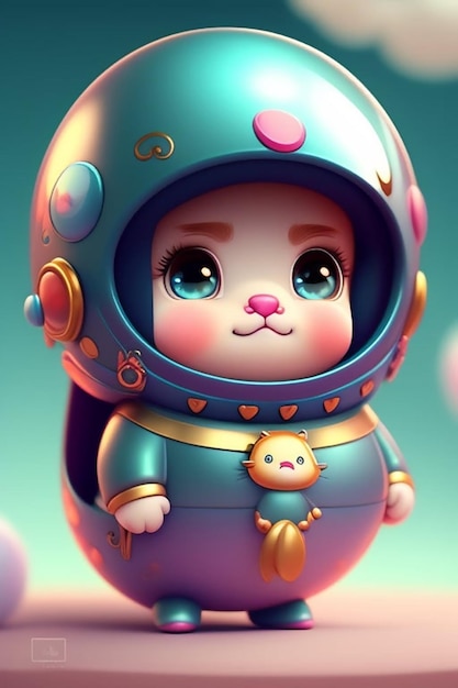 A cartoon cat in a space suit with a little bunny on the chest.