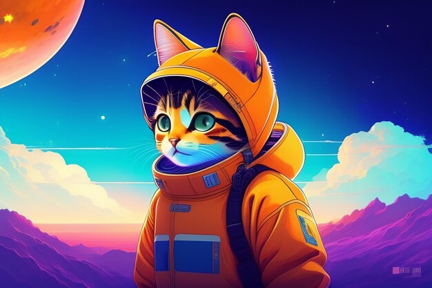 背景に惑星を持つ宇宙服を着た漫画の猫。