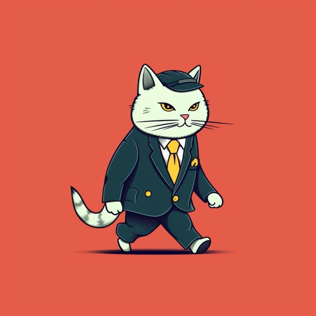 Photo cartoon cat in a suit and tie walking on a red background generative ai