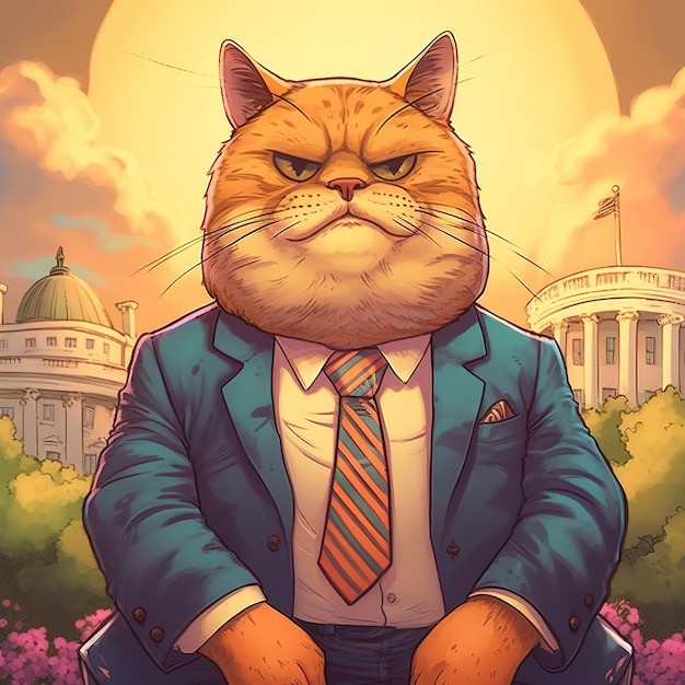 A cartoon cat in a suit with a tie with a sun in background