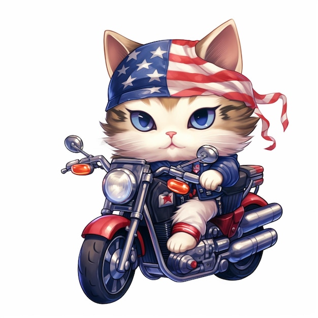 写真 バイクに乗っている愛国的な帽子をかぶったアニメの猫 ⁇