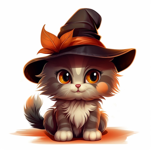 Фото Мультфильм кошка в шляпе ведьмы сидит на земле генеративный ай