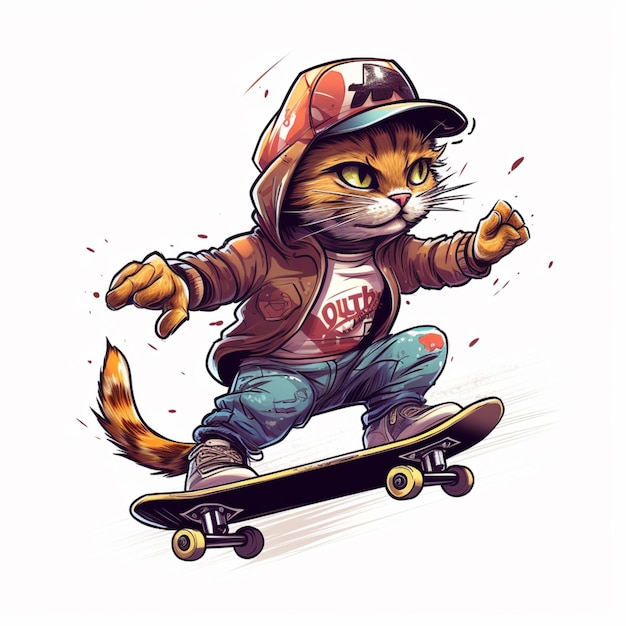 мультфильмный кот в шапке едет на скейтборде с лапой на доске генеративный ай