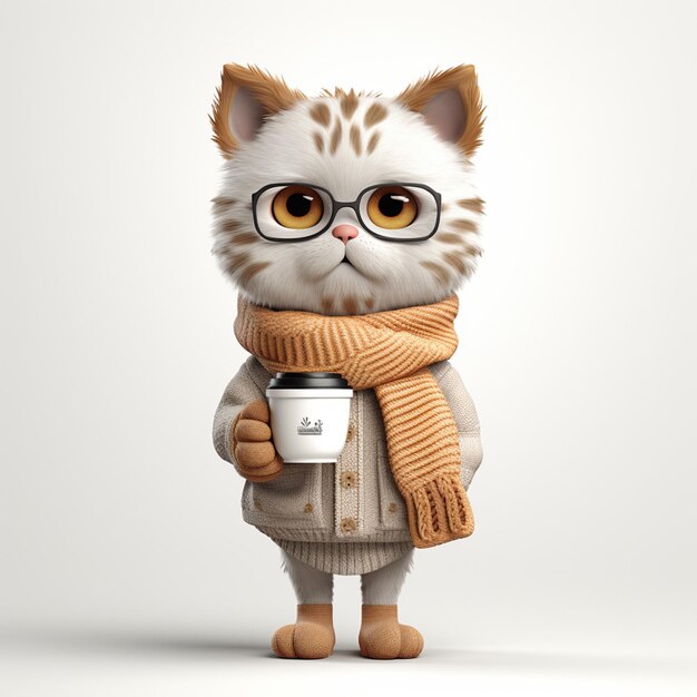 cartoon cat wearing glasses and a scarf holding a cup of coffee generative ai