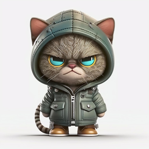 A cartoon cat wearing a green jacket with blue eyes.