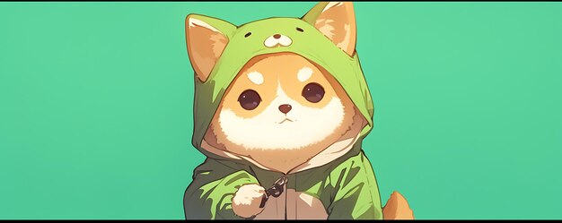 a cartoon of a cat wearing a green jacket with a hoodie on it