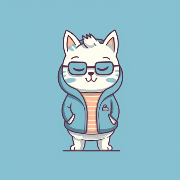 a cartoon cat wearing a jacket and glasses standing in front of a blue background generative ai