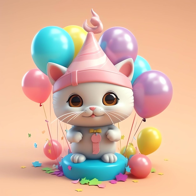 A cartoon cat wearing a pink hat sits on balloons.