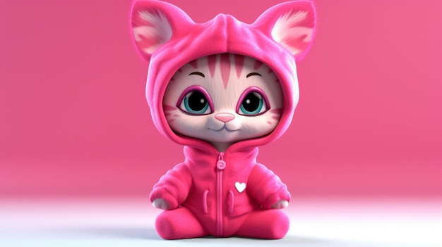 A cartoon cat wearing a pink jumpsuit 3D illustration Generative AI