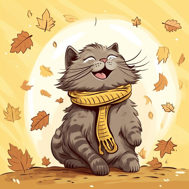 Photo cartoon cat wearing a scarf and sitting on a pile of leaves generative ai