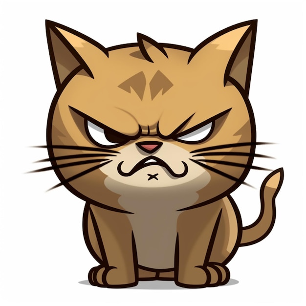 Cartoon cat with angry expression sitting down on white background generative ai