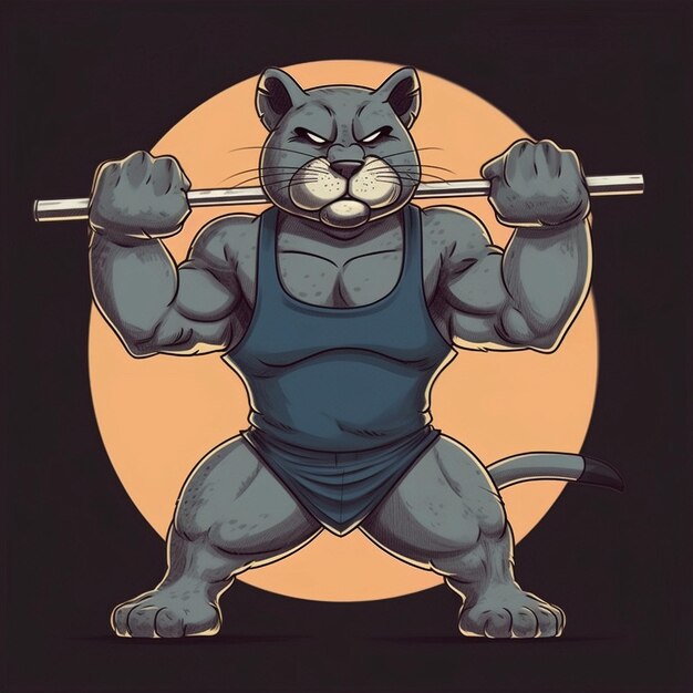 A cartoon of a cat with a barbell on his back.