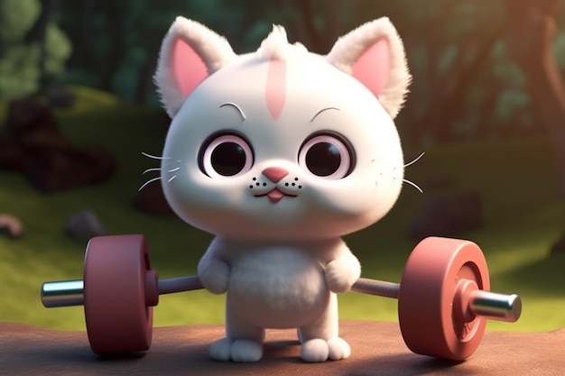 A cartoon cat with a barbell on its head