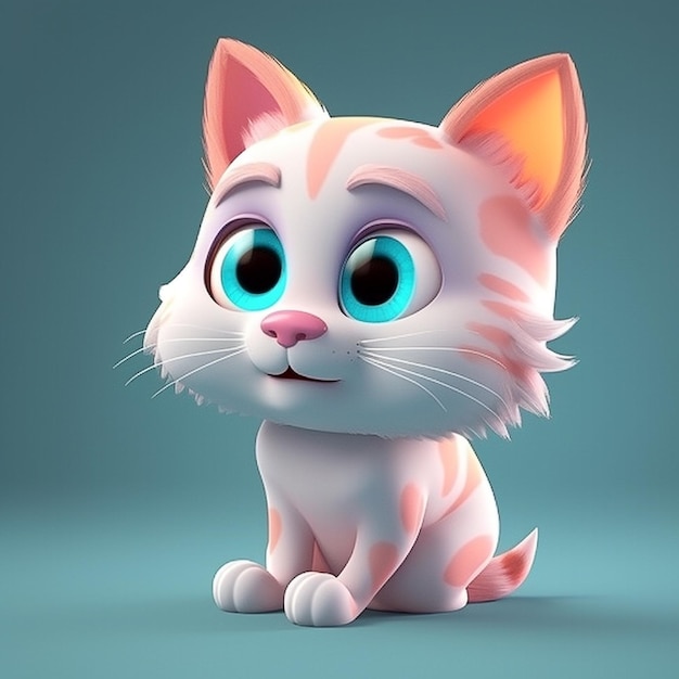 A cartoon cat with big blue eyes sits on a blue background.